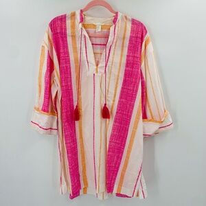 H&M 3/4 Sleeve Oversized Tunic Dress Striped Swim Cover Pink White Size XS